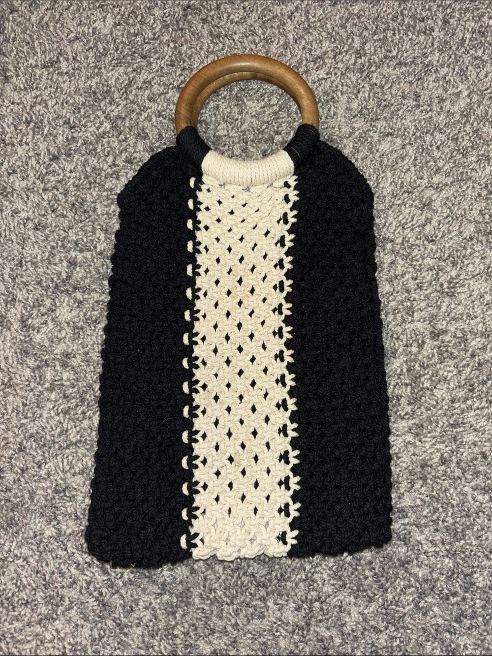 Laude the Labal Black and Cream Hand-Knit Mini Bag with Wooden Ring Handles